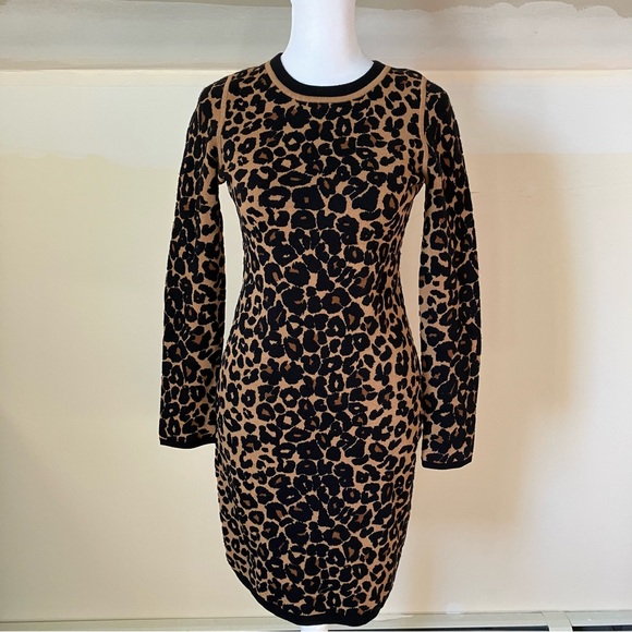 A.L.C. Leopard Print Long Sleeve Wool Blend Bodycon Sweater Dress size XS - Picture 2 of 7